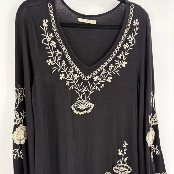 Y2K Boho Vintage Bell Long Sleeve Black Embroidered Dress Tunic Size Medium - Picture 3 of 15